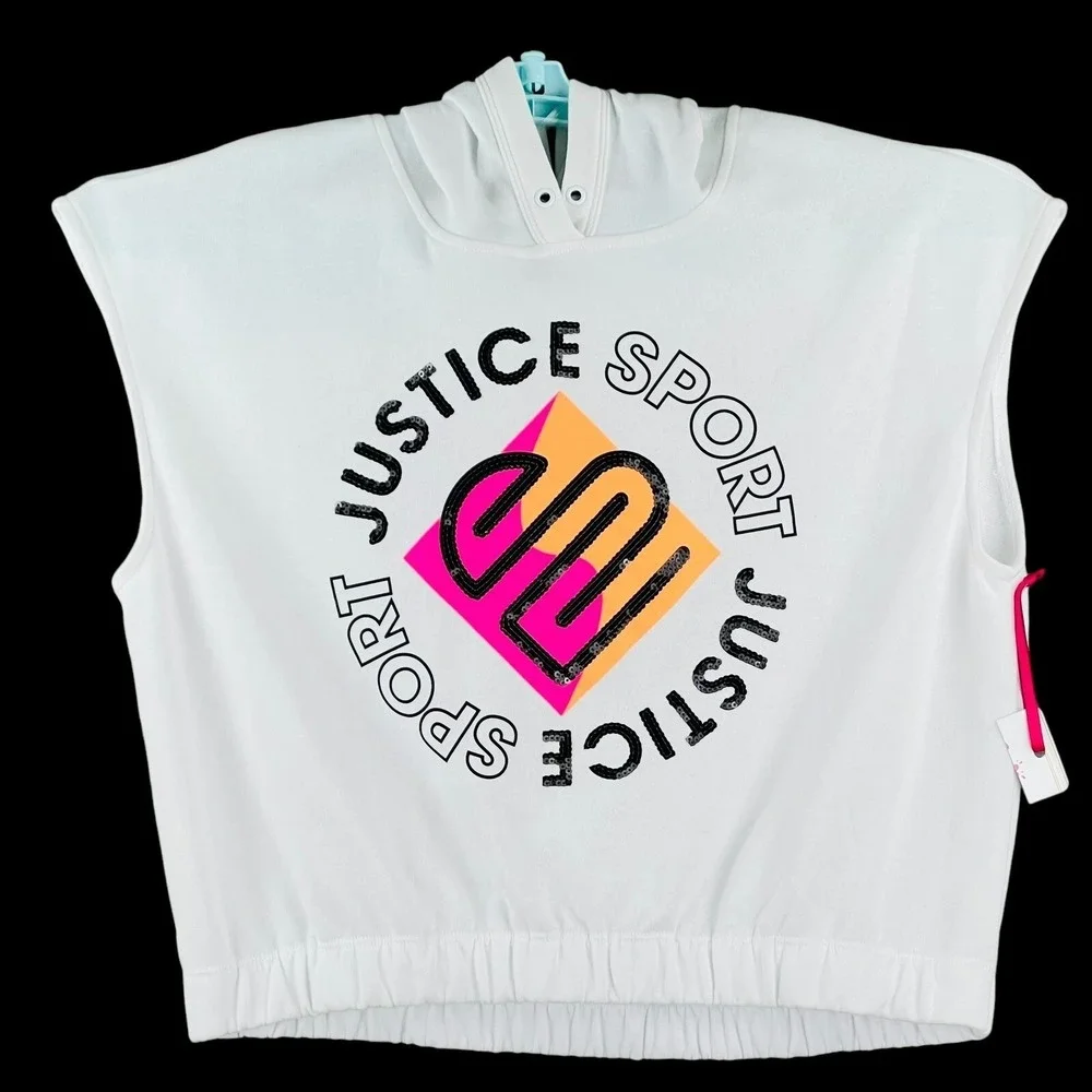Justice Girls Sport Cropped White Hoodie Sweatshirt Sz XLP 16/18 Cap Sleeve NWOT